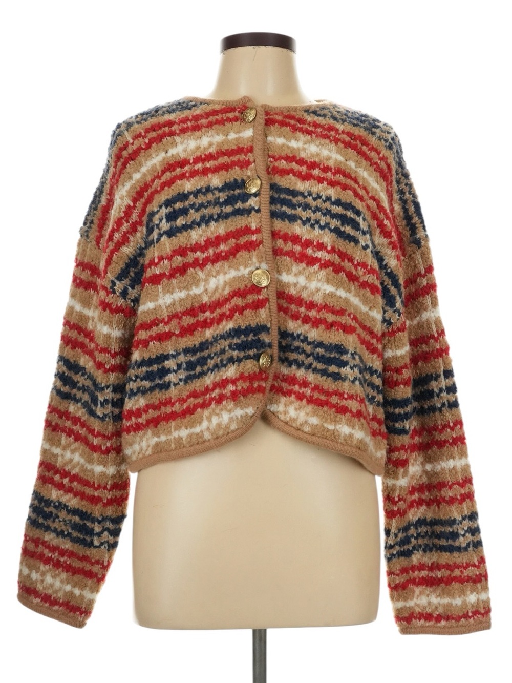 J. Crew Sweater Lady Jacket Plaid Boulce Yarn L Red Navy Tan Work Office NWT
